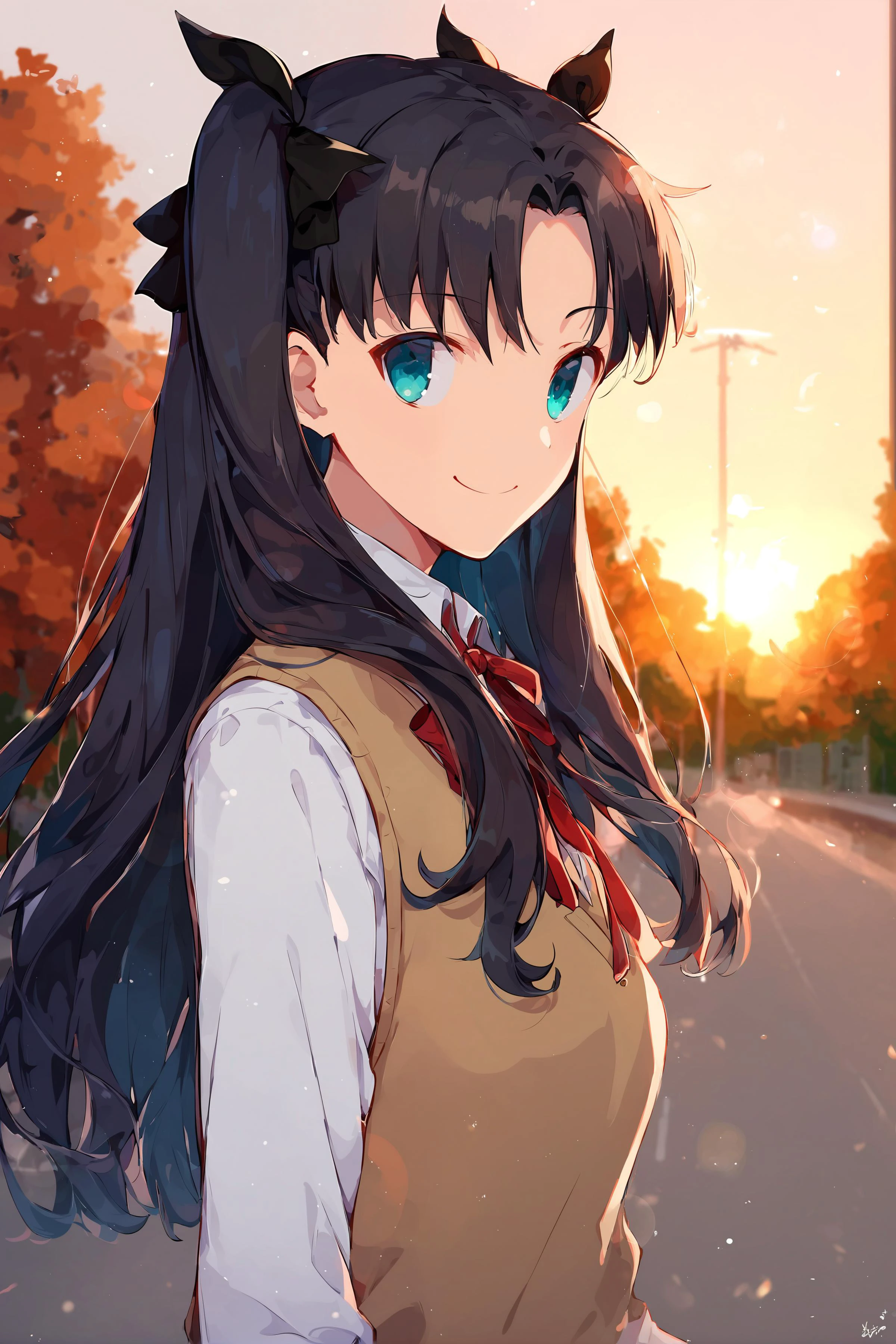 (score_9,score_8_up,score_7_up,),depth of field,<lora:rin-tohsaka-ponyxl-lora-nochekaiser:0.6>,rin tohsaka,aqua eyes,black hair,hair ribbon,long hair,ribbon,sidelocks,two side up,parted bangs,Expressiveh,lens_flare,looking_back,eye-contact,brown sweater vest,collared shirt,homurahara academy school uniform,neck ribbon,red ribbon,school uniform,shirt,sweater vest,white shirt,in autumn,ultra detailed,1girl,harbor,united kingdom,hand_in_pocket,medium_shot,(from_side:0.7),smile,closed mouth,gradient_sky,street,,