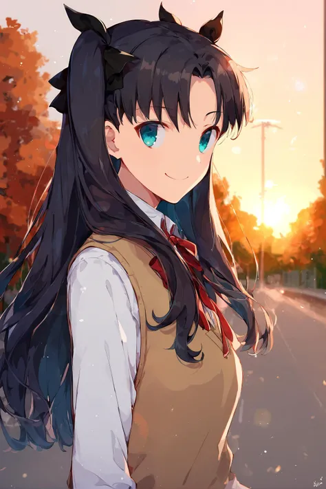 (score_9,score_8_up,score_7_up,),depth of field,<lora:rin-tohsaka-ponyxl-lora-nochekaiser:0.6>,rin tohsaka,aqua eyes,black hair,hair ribbon,long hair,ribbon,sidelocks,two side up,parted bangs,Expressiveh,lens_flare,looking_back,eye-contact,brown sweater vest,collared shirt,homurahara academy school uniform,neck ribbon,red ribbon,school uniform,shirt,sweater vest,white shirt,in autumn,ultra detailed,1girl,harbor,united kingdom,hand_in_pocket,medium_shot,(from_side:0.7),smile,closed mouth,gradient_sky,street,early teen,