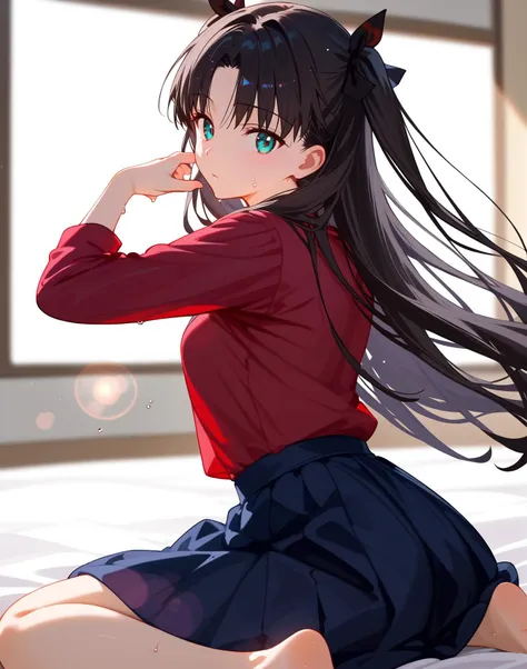 (score_9,score_8_up,score_7_up,),<lora:Expressive_H:0.7>,sweat,depth of field,<lora:rin-tohsaka-ponyxl-lora-nochekaiser:0.7>,rin tohsaka,aqua eyes,black hair,hair ribbon,long hair,ribbon,sidelocks,two side up,parted bangs,barefoot,foot_focus,Expressiveh,the_pose,lens_flare,looking_back,eye-contact,from_back,