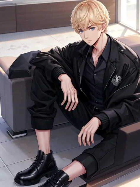 Kilo,<lora:Kilo:1>,, masterpiece,best quality, 1boy,shirt,male focus,jacket,white shirt,solo,sitting,looking at viewer,pants,couch,black jacket,black footwear,open jacket,long sleeves,black pants,open clothes,formal,shoes,collared shirt,