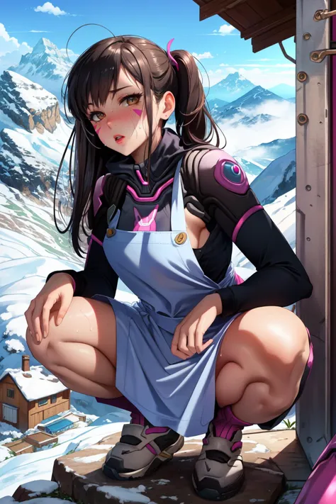(masterpiece, best quality), intricate details,
1girl, <lora:Dva-10:0.8> D.Va_(Overwatch), small breasts, facial markings,
blushing,
<lora:edgGrungeAprons:0.8> edgApron,edgGrunge, wearing edgGrunge_(apron), side boob, sweating,
squatting, outdoors, mountain, stony, cliff, summit, cold, winter,