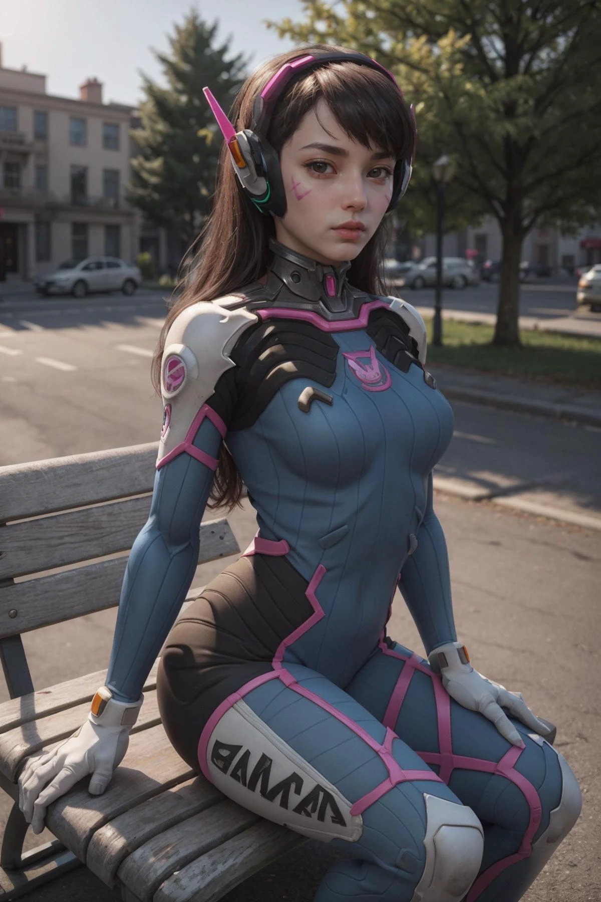 D.Va_(Overwatch),brown_hair, brown_eyes, long_hair, facial_mark, whisker_markings,bodysuit, pilot_suit, headphones, ribbed_bodysuit, gloves, white_gloves,<lora:Dva-10:0.8>, in (3d render style:1.3), park, trees and bushes, benches, Golden Hour