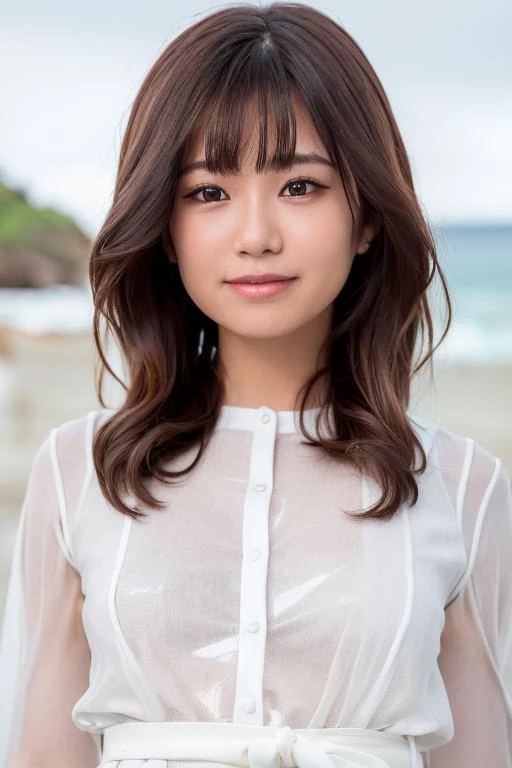 1girl, (wearing a white see-through:1.6),(RAW photo, best quality), (realistic, photo-realistic:1.4), masterpiece, an extremely delicate and beautiful, extremely detailed, 2k wallpaper, Amazing, finely detail, extremely detailed CG unity 8k wallpaper, ultra-detailed, highres, soft light, beautiful detailed girl, extremely detailed eyes and face, beautiful detailed nose, beautiful detailed eyes,cinematic lighting,(on the beach:1.6),perfect anatomy,(slender body:1.6),(laugh:1.4),(full body:1.8),(open eyes:1.4),(look at viewer),(face front:2.0),(front view:2.0),cinematic angle,(wavy hair), (brown eyes:1.8),(cleavage:0.8),(standing:1.8), <lora:shirasusaho_lora-02:0.8>