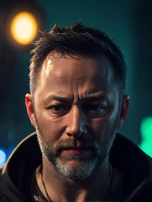 portrait photo of limmy, muscular bearded guy wearing a dark hood, surrounded by an electric atmosphere and illuminated with a green neon glow, chest lights, blinkenlights, (light bokeh)++, intricate,, elegant, sharp focus, photo by greg rutkowski, soft lighting, dark colors, (masterpiece)+, (streets)++, (detailed face)+, futuristic, hightech, scifi <lora:Elixir:1> <lora:limmy:1>