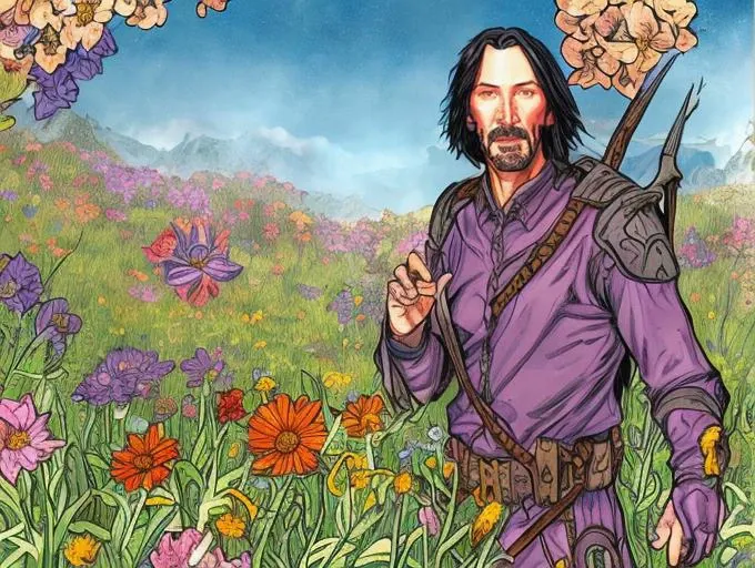 keanu reeves in a meadow full of colorful flowers, (dndcoverart)