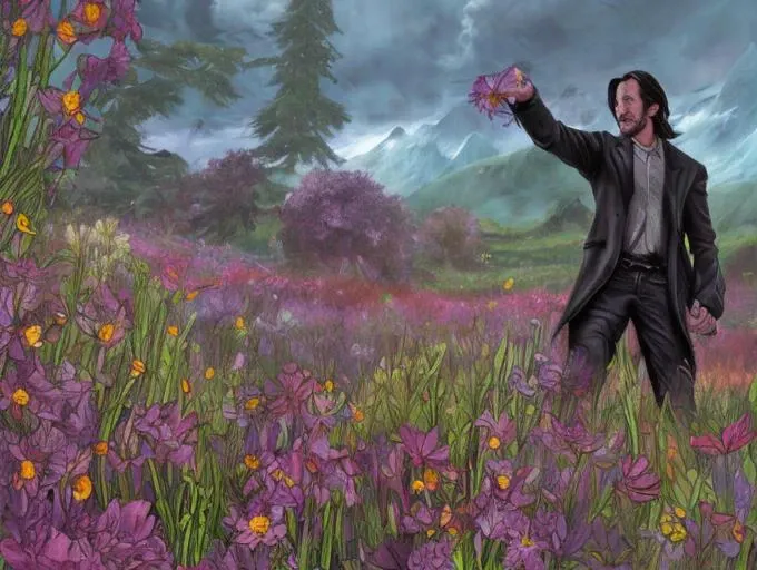 keanu reeves in a meadow full of colorful flowers, (dndcoverart)