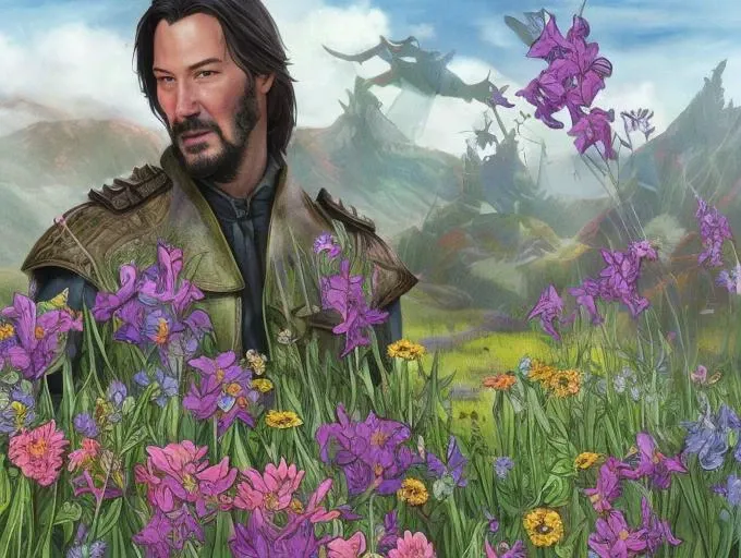 keanu reeves in a meadow full of colorful flowers, (dndcoverart)