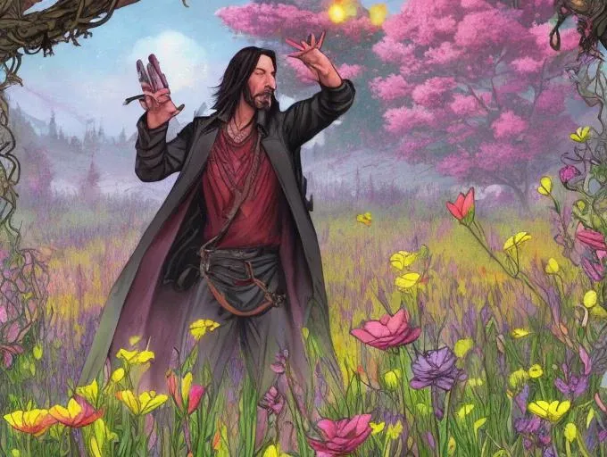 keanu reeves in a meadow full of colorful flowers, (dndcoverart)