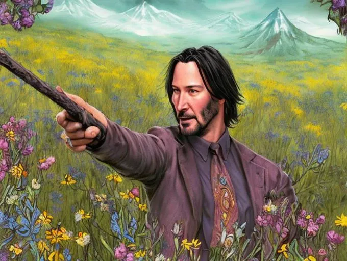 keanu reeves in a meadow full of colorful flowers, dndcoverart