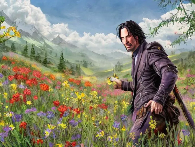 keanu reeves in a meadow full of colorful flowers, (dndcoverart)