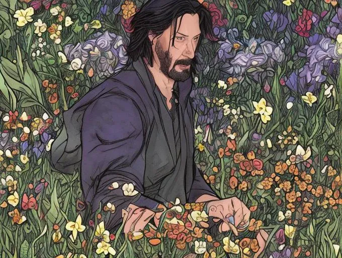 keanu reeves in a meadow full of colorful flowers, (dndcoverart)