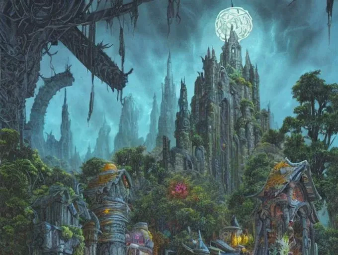 there is a painting of a fantasy castle in the middle of a forest