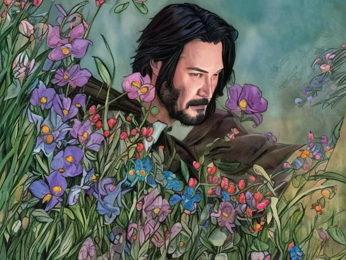 keanu reeves in a meadow full of colorful flowers, (dndcoverart)