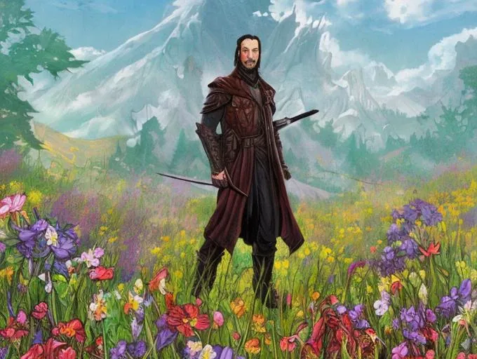 painting of a man in a field of flowers with a sword