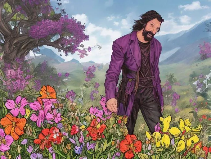 keanu reeves in a meadow full of colorful flowers, (dndcoverart)