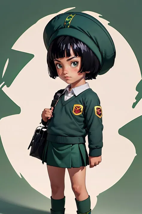 (masterpiece, best quality), 1girl, <lora:Pan_DBS:1> pan \(dragon ball\), 1girl, black hair, short hair, black eyes, green uniform, uniform, green headwear, shoulder bag, green skirt, black shoes, green socks