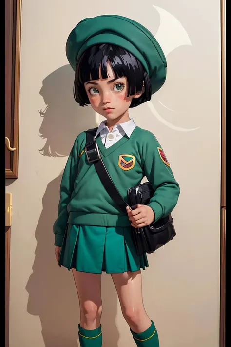 (masterpiece, best quality), 1girl, <lora:Pan_DBS:1> pan \(dragon ball\), 1girl, black hair, short hair, black eyes, green uniform, uniform, green headwear, shoulder bag, green skirt, black shoes, green socks