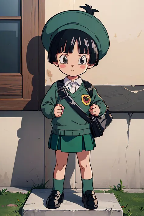 (masterpiece, best quality), 1girl, <lora:Pan_DBS:1> pan \(dragon ball\), 1girl, black hair, short hair, black eyes, green uniform, uniform, green headwear, shoulder bag, green skirt, black shoes, green socks