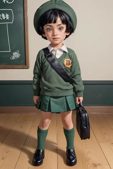 (masterpiece, best quality), 1girl, <lora:Pan_DBS:1> pan \(dragon ball\), 1girl, black hair, short hair, black eyes, green uniform, uniform, green headwear, shoulder bag, green skirt, black shoes, green socks