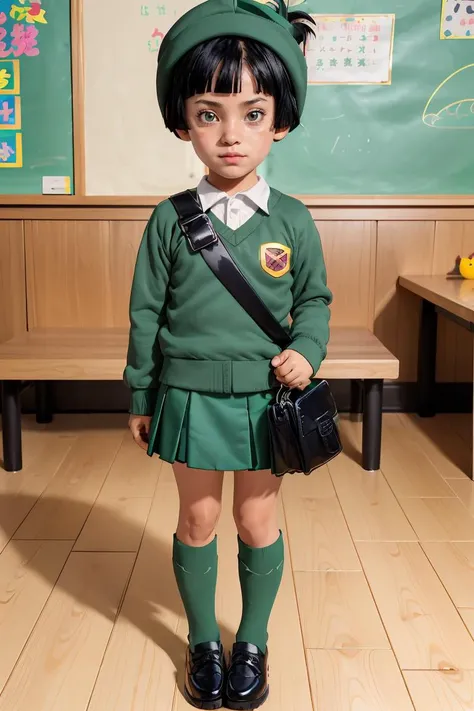 (masterpiece, best quality), 1girl, <lora:Pan_DBS:1> pan \(dragon ball\), 1girl, black hair, short hair, black eyes, green uniform, uniform, green headwear, shoulder bag, green skirt, black shoes, green socks