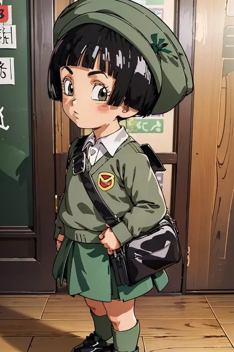 (masterpiece, best quality), 1girl, <lora:Pan_DBS:1> pan \(dragon ball\), 1girl, black hair, short hair, black eyes, green uniform, uniform, green headwear, shoulder bag, green skirt, black shoes, green socks