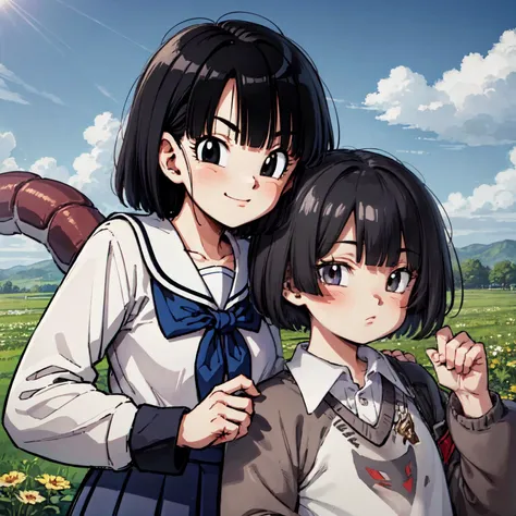 portrait of pangt wearing school uniform and pan (dragon ball), 2girls, short hair, black hair, black eyes, looking at viewer, field,