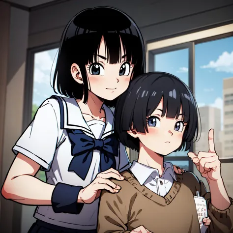 portrait of pangt wearing school uniform and pan (dragon ball), 2girls, short hair, black hair, black eyes, looking at viewer, field,