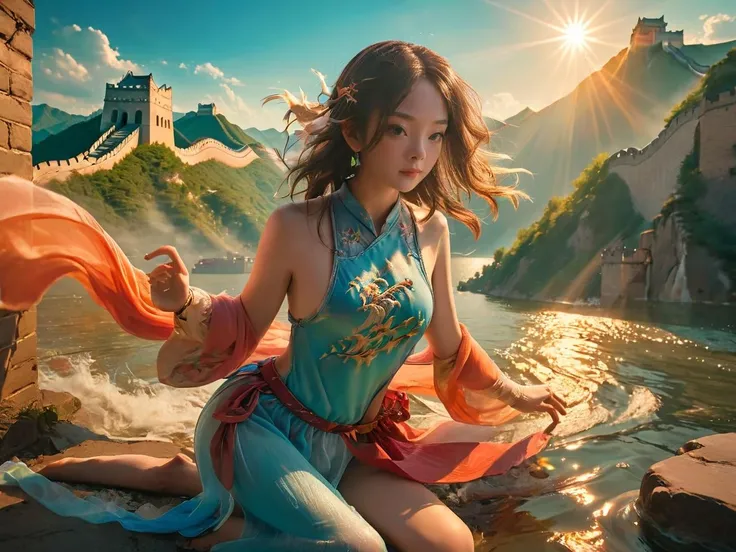 Psychedelic style, 1girl,side light,Highly detailed,extreme detail description,gufeng1,full body,
available light,<lora:gufeng_SDXL_1reg0_>,rim light,Volumetric Lighting,Cinematic Lighting,moody lighting,colorful sunshine,the background is the great wall and the lake water,<lora:damimi_SDXL_1_:0.8>,damimi,, Vibrant colors, swirling patterns, abstract forms, surreal, trippy