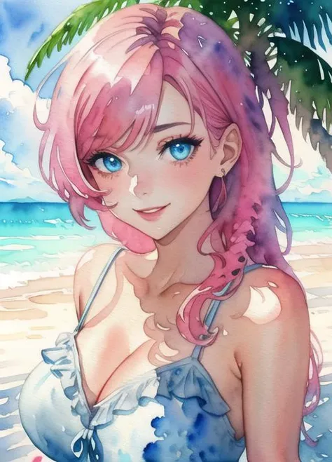 masterpiece, best quality, 1girl, (watercolor:1.4), (finely detailed beautiful eyes and detailed face), cinematic lighting, bust shot, long hair, pink hair, colored eyelashes, skinny, medium breasts, sexy, sundress, beach, palm tree, (Colorful:1.3), smile,