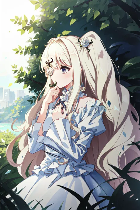 kirakishou, hair ornament, eyepatch, dress, outdoors, nature, platinum blonde hair, <lyco:Teszt - Kirakishou:1>