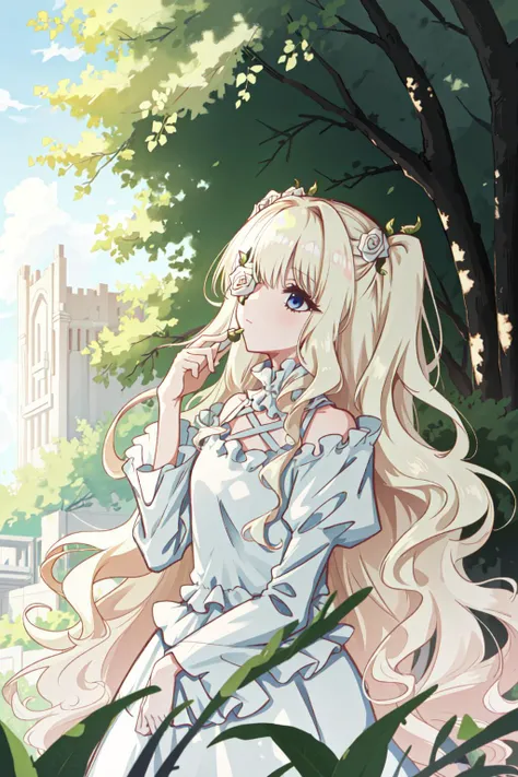 kirakishou, hair ornament, eyepatch, dress, outdoors, nature, platinum blonde hair, <lyco:Teszt - Kirakishou:1>