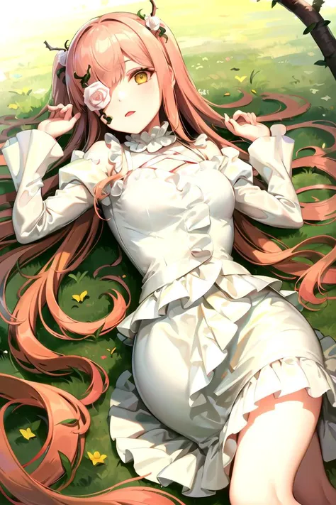 masterpiece, best quality, 1girl, <lyco:Kirakishou-000011:1.0>, kirakishou, hair ornament, eyepatch, dress, lying, grass, vines, thorns