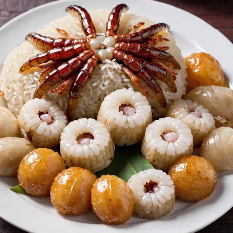 Positive: cinematic photo A high-resolution, hyper-realistic image of horror movie scene of delicious Chinese-style zonzanaked placed on a plate, drizzled with sauce. This food has ((slugs)) and ((centipedes)) that is the star of the dish. simmered to perfection, with dozen slices of the ((human brain)), and the texture of the sticky rice and fillings is visible . The setting could be a dining table or a restaurant environment, with appropriate tableware and decorations. The scene should be as realistic as a high-resolution photograph, with warm and inviting lighting that highlights the details of this nasty and bizarre dish ,<lora:mazon:0.4> , Meat,chestnut,bugs, (insects:1.4), (dirt:1.2)
realistic spider with a segmented body, jointed appendages, an exoskeleton, an open circulatory system, a tracheal system, compound eyes, antennae, and a complex nervous system. The insect's body can be a variety of colors, and it may have patterns on its bodies. The insect should be realistic and detailed. taken by national geographic . 35mm photograph, film, bokeh, professional, 4k, highly detailed