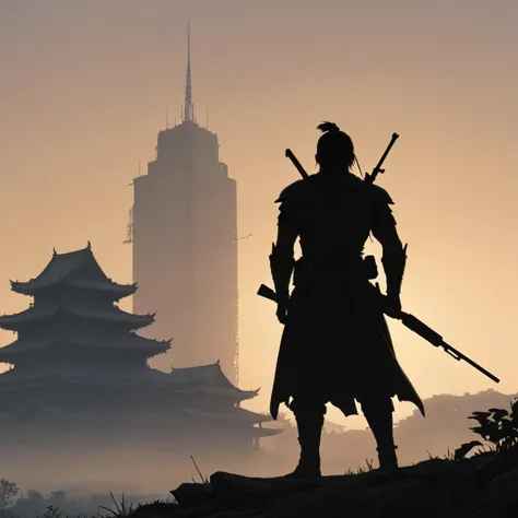 niohstorytell,silhouete of warrior with a rifle,building in the background,
