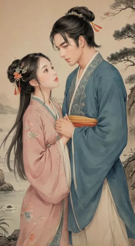 masterpiece, best quality, highly detailed, sharp focus, dynamic lighting, vivid colors, texture detail, particle effects, storytelling elements, narrative flair, 16k, HDR, subject-background isolation, 2D, (Authentic skin texture:1.3), traditional chinese ink painting,
1 girl with perfect face, 1 boy with handsome face, the boy was stand up at side of the girl, the boy's hand is holding the girl's hand, perfect hands, the boy is kissing the girl, background is sea,