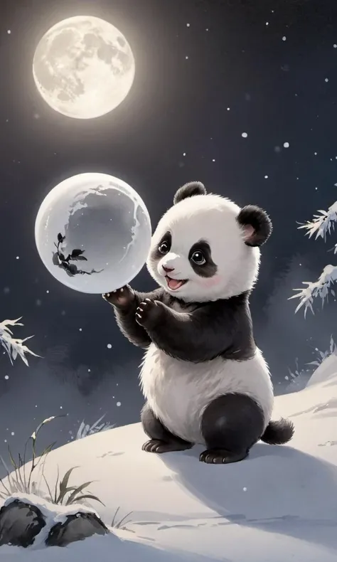 8k, masterpiece, best quality, 2D, Cinematic Lighting, (side lighting), traditional chinese ink painting, looking at viewer,
1 (white:0.5|black:0.5) (Baby:1.2)_panda, the Baby_panda is picking up a white snow ball, smile,
background is a big crescent moon in the night sky,
ink, <lora:watercolor-ink-sketch-v1:0.3>,