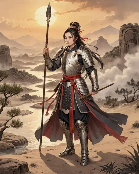 (side lighting),8k,best quality,
background is Ancient battlefield,(desert:1.8),(sunset shimmer:1.2),(river:1.2),(mist:1.2),(A black smoke rises straight up from the ground into the sky.:2),some Dead bodies were scattered everywhere,bone of man in floor,
A general,long hair,topknot,full body,perfect face,looking up at sky,(perfect hand,:1.2),hand up,he is holding a spear,he was weared chinese_armor,
ink,Menggujia,<lora:CHINESE_ARMOR:0.8>,<lora:Ink_and_watercolor_sketch:0.4>,