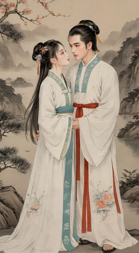 masterpiece, best quality, highly detailed, sharp focus, dynamic lighting, vivid colors, texture detail, particle effects, storytelling elements, narrative flair, 16k, HDR, subject-background isolation, 2D, (Authentic skin texture:1.3), traditional chinese ink painting, half body,
1 girl with perfect face, 1 boy with handsome face, the boy have a long hair, the girl is wearing white chinese traditional (transparent:1.2) clothing, the boy was stand up at same height level side of the girl, the boy's hand is holding the girl's hand, perfect hands, (the boy is kissing the girl:1.2), background is sea, (they are looked at each other:1.4)
ink, <lora:watercolor-ink-sketch-v1:0.2>