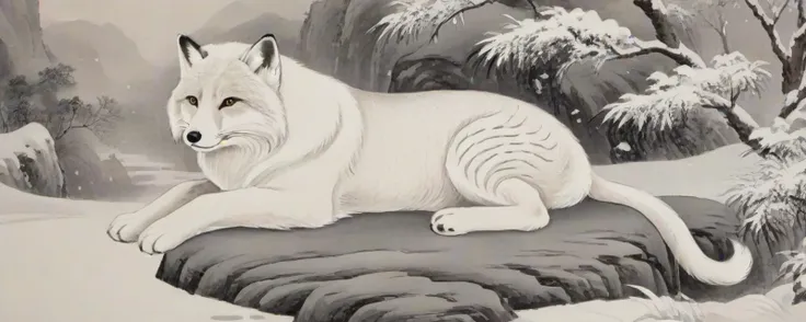 8k, masterpiece, best quality, 2D, traditional chinese ink painting,
ink,  <lora:watercolor-ink-sketch-v1:0.4>, looking at viewer, 
1 white [Tiger:Fox:5] with big white tailï¼
background is many snow, white snow,