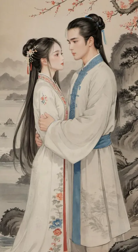 masterpiece, best quality, highly detailed, sharp focus, dynamic lighting, vivid colors, texture detail, particle effects, storytelling elements, narrative flair, 16k, HDR, subject-background isolation, 2D, (Authentic skin texture:1.3), traditional chinese ink painting, half body,
1 girl with perfect face, 1 boy with handsome face, the boy have a long hair, the girl is wearing white chinese traditional (transparent:1.2) clothing, the boy was stand up at same height level side of the girl, the boy's hand is holding the girl's hand, perfect hands, (the boy is kissing the girl:1.2), background is sea, (they are looked at each other:1.4)
ink, <lora:watercolor-ink-sketch-v1:0.2>