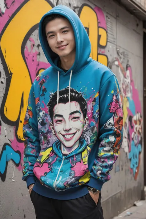Pop Art style, art of masterpiece, high quality, Extreme details, Clear facial features,Backlight, 1man, Dim scene, Complex and messy street fluorescent graffiti on the wall, Face the viewer, full body, Hip-Hop Style, Splashed paint_dynamic angle, Demonic smile, Cool and fashionable hoodies, Hands in pockets,Visual impact,Spotlight, American caricature painting style,contour deepening,comic, Bright colors, bold outlines, popular culture themes, ironic or kitsch
