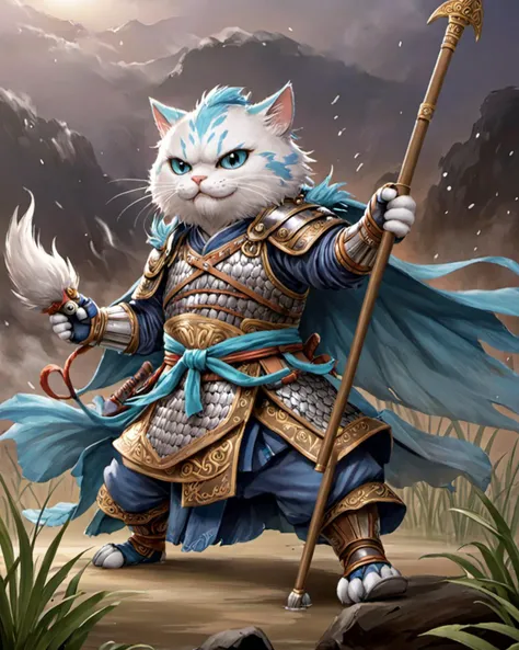 4k, masterpiece, best quality, 2D, light shadow, HDR, camera 200mm, chibi, (traditional chinese ink painting:0.1),
1monsters like bird cat, (laugh:1.2),( big head:1.5),
it was with big cat's eye, BREAK cyan Woven rope, BREAK silver ball, it was weared CHINESE_ARMOR, it was holding a spear,
background is White reeds, gallery at night, river, (fog:1.3), (smoke:1.7), (misk:1.4),(rain:1.5), Qinjia, <lora:CHINESE_ARMOR:0.5>