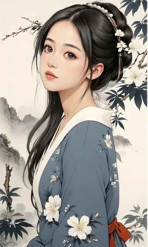 ((high-definition Chinese traditional ink image, gorgeous-hanfu)), ((round face, eyes with realistic sizing, drooping eyes, blush, sweat, shame smile, thin lips, spread legs)), 