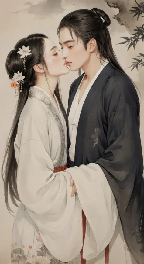 masterpiece, best quality, highly detailed, sharp focus, dynamic lighting, vivid colors, texture detail, particle effects, storytelling elements, narrative flair, 16k, HDR, subject-background isolation, 2D, (Authentic skin texture:1.3), traditional chinese ink painting,
1 perfect face girl BREAK 1 handsome face boy , the boy have a long hair, they all are weared (white:1.2) chinese traditional (transparent:1.2)_clothing, they all closed eyes, the boy was stand up at same height level side of the girl, the boy's hand is holding the (girl's big chest:1.3), (the boy is (kissing:1.8) the girl:1.7), Stick out tongue, Drooling, (they are looked at each other:1.4), background is sea,
ink, <lora:watercolor-ink-sketch-v1:0.2>