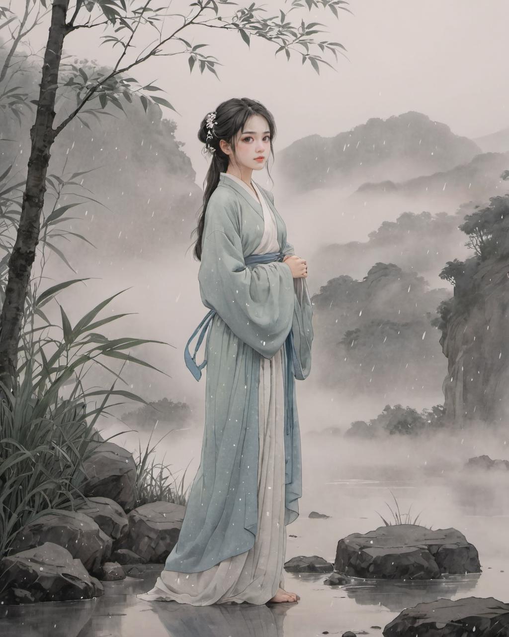 A close up of a woman in a blue dress standing in a river - SeaArt AI