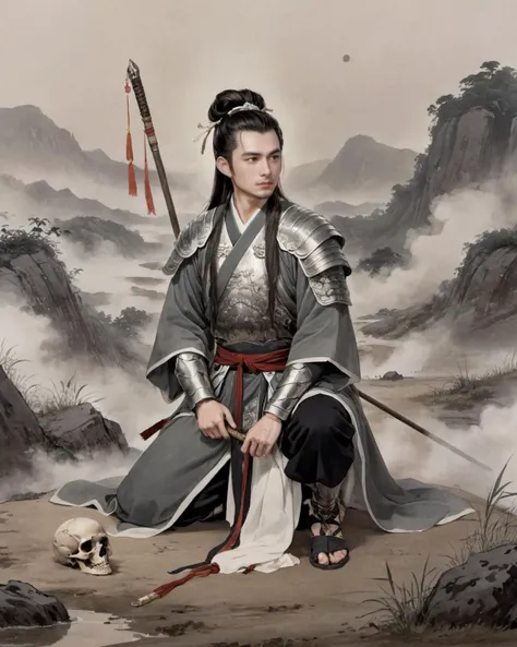 (side lighting), 8k, best quality,
background is Ancient battlefield, (mist:1.4), (smoke:1.7), (rain:1.1), some Dead bodies were scattered everywhere, (Human bones are everywhere:1.2), 1boy, long hair, topknot, full body,one kneel Kneeling, handsome face, clothing eye, (perfect hand:1.2),he is holding a spear, he was weared (broken:1.3)_chinese armor,
ink, <lora:watercolor-ink-sketch-v1:0.5>
