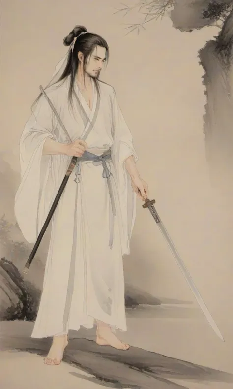 8k, masterpiece, best quality, 2D, traditional chinese ink painting,
ink, <lora:watercolor-ink-sketch-v1:0.4>,
1 man is holding a sword, 2 foots,
long hair, looking at viewer, white traditional chinese long clothes,