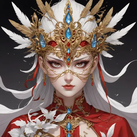 [anime, The character is shrouded in mystery and symbolism, representing the duality between light and dark, good and evil. Their appearance reflects the struggle between these forces within themselves, as well as the world around them. The main focal point of the design is the mask, which represents deception and manipulation. The eyes are hidden behind a veil of feathers, giving the impression of someone who hides their true intentions. The intricate patterns on the mask also represent the complexities of life and the choices we make. The overall design features a mix of organic and geometric shapes, creating a contrast between chaos and order. This further emphasizes the internal conflict experienced by the character. The red robes signify passion, anger, and intensity, while the white cape represents purity and protection.|shattered reference of mind, fractured reflection, delirious, shards of a fractured and cracked face, floating broken shards, refractions, abstract],