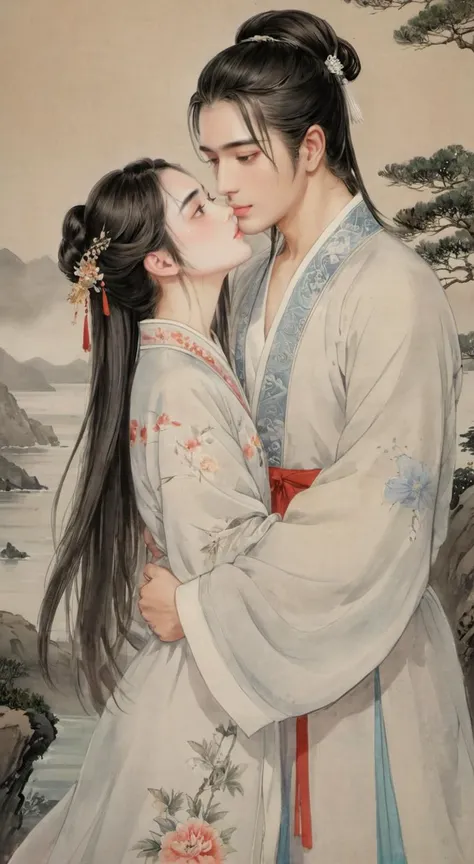 masterpiece, best quality, highly detailed, sharp focus, dynamic lighting, vivid colors, texture detail, particle effects, storytelling elements, narrative flair, 16k, HDR, subject-background isolation, 2D, (Authentic skin texture:1.3), traditional chinese ink painting,
1 perfect face girl BREAK 1 handsome face boy , the boy have a long hair, they all are weared white chinese traditional (transparent:1.2)_clothing, the boy was stand up at same height level side of the girl, the boy's hand is holding the girl's hand, perfect hands, (the boy is (kissing:1.6) the girl:1.2), background is sea, (they are looked at each other:1.4)
ink, <lora:watercolor-ink-sketch-v1:0.2>