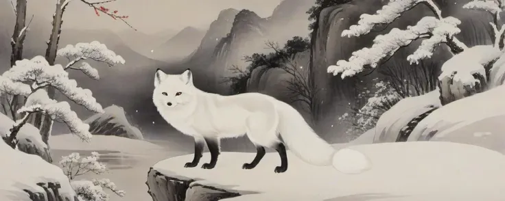 8k, masterpiece, best quality, 2D, traditional chinese ink painting, looking at viewer,
1 white Fox with big white tail, the fox have lot of fluffs,
background is many snow, white snow, night, col, ink, <lora:watercolor-ink-sketch-v1:0.4>,